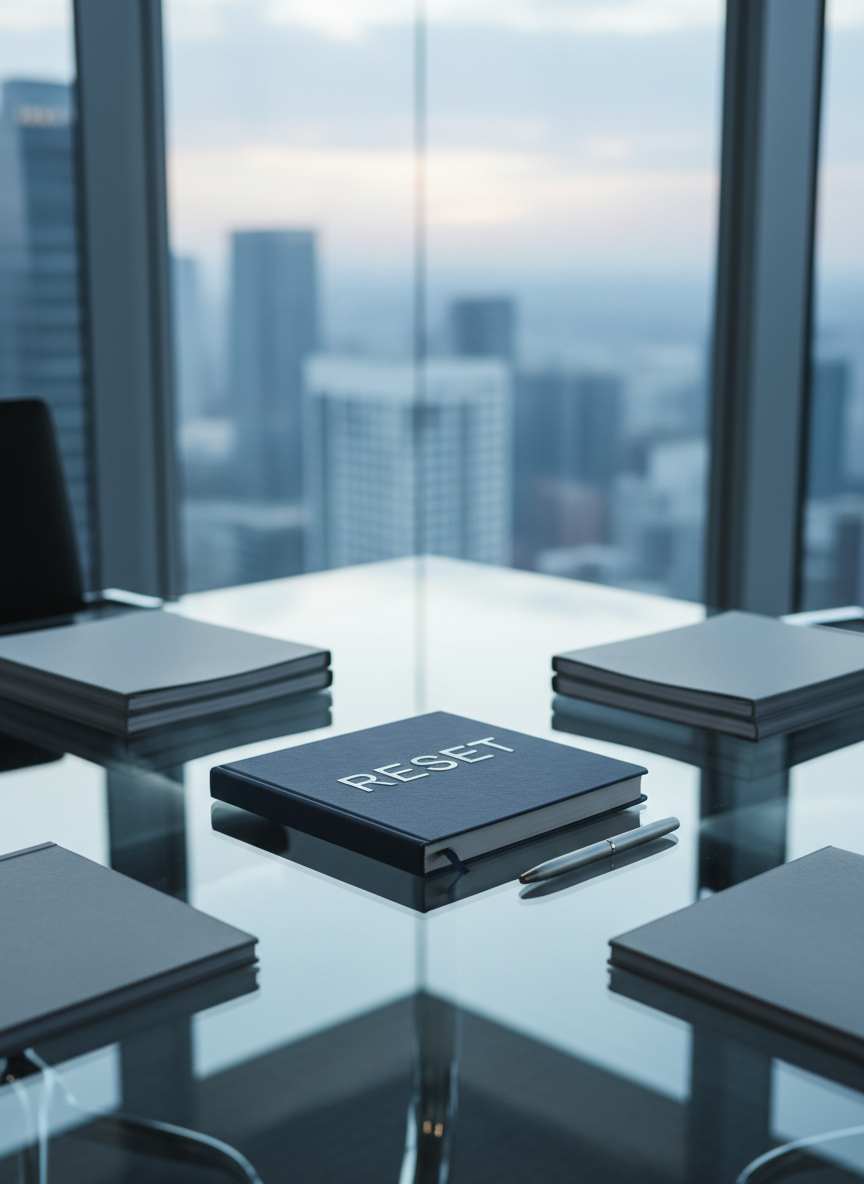 A large, meticulously arranged decision-making workspace featuring a central, pristine glass desk holding a single, open hardcover notebook with the word “RESET” embossed in silver on a dark navy cover. Around it lie three neatly stacked folders in cool grey tones and a sleek, brushed-metal pen aligned with geometric precision. The environment is a high-floor corner office with floor-to-ceiling windows revealing a softly blurred modern cityscape at dawn. Cool, diffused morning light floods the room, creating crisp reflections on the glass and gentle shadows under each object. Photographic realism, shot at eye level with a shallow depth of field, minimalist composition, calm yet decisive atmosphere conveying clarity, structure, and a fresh leadership start.