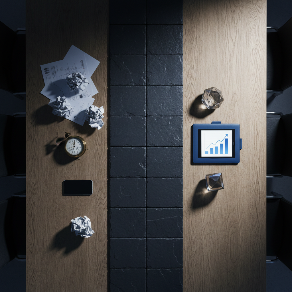 A heavy, solid oak conference table seen from above, divided clearly into two halves by a bold, diagonal line of contrasting slate tiles, symbolizing before and after. On the left, scattered paper documents, a tilted clock, and a dim, almost shadowed smartphone face downward. On the right, a single sharp-edged crystal paperweight, a closed, orderly dossier, and a neat digital tablet glow gently. Soft overhead studio lighting creates precise shadows emphasizing the contrast between chaos and order. Photographic realism with a crisp, high-resolution bird’s-eye view, clean and modern aesthetic, controlled color palette of deep blues, greys, and whites, evoking a decisive transition out of crisis toward stability.