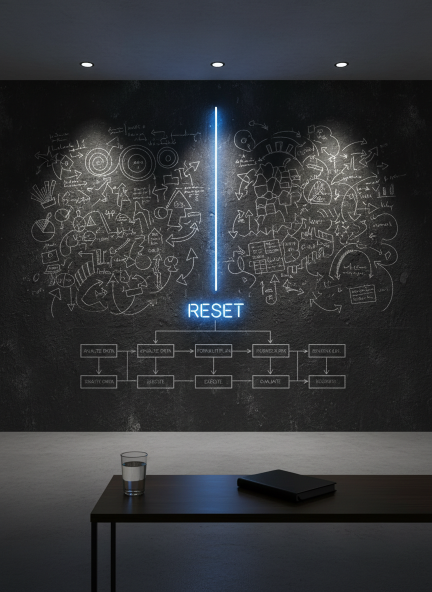 A large, dark slate wall with a complex, messy web of white chalk arrows and circles abruptly interrupted by a single, perfectly vertical neon-blue line labeled “RESET” at the center. Below the line, a clean, minimal flowchart in precise white ink progresses in orderly steps along the wall. The setting is a quiet, modern strategy room with matte concrete flooring and a single slim table in the foreground holding an untouched glass of water and a closed, black leather notebook. Directional spotlights from above highlight the central line and create dramatic shadows on the textured slate surface. Photographic realism, slightly low angle, emphasizing strength, clarity, and powerful decision-making under pressure.